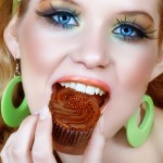 Retro woman in green and chocolate cupcake