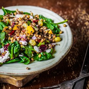 Healthy salad with farro, spinach and lentils