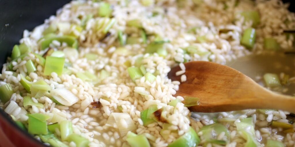 Creamy brown rice, asparagus and green bean risotto.